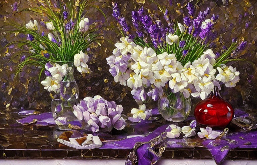 Purple and White Flowers in Glass Vases with Red Vase on Textured Surface