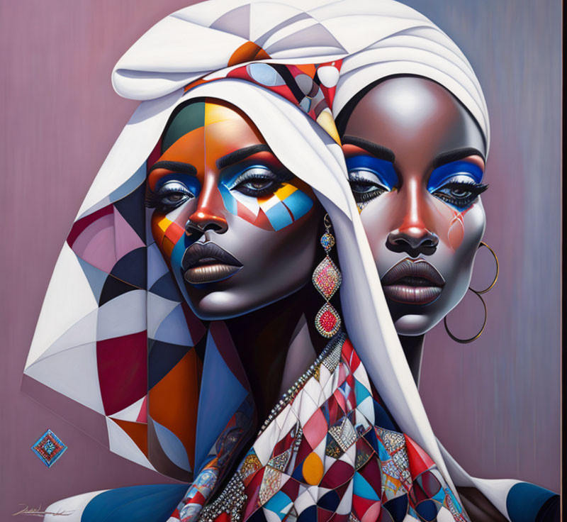 Stylized portraits of women with geometric patterns, headwraps, bold makeup, and purple backdrop