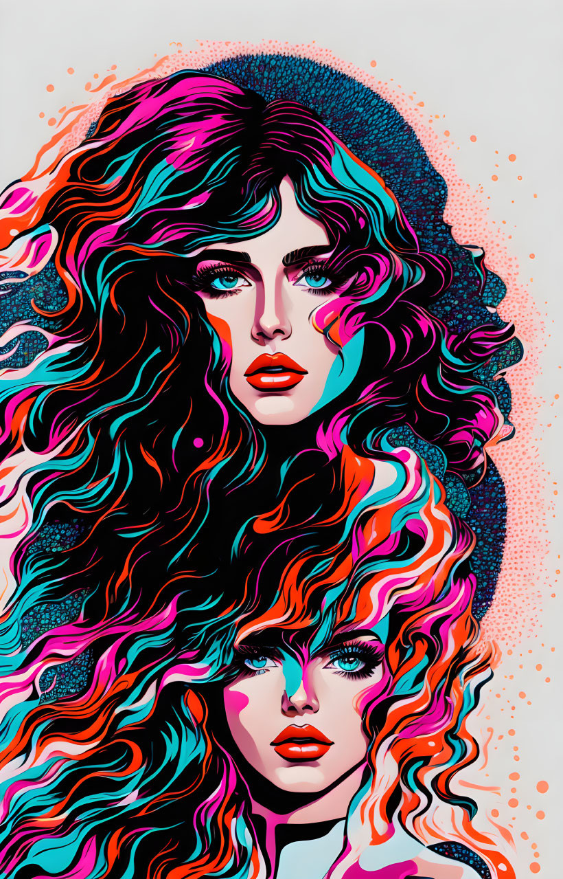 Colorful illustration of two women with vibrant, flowing hair and exaggerated expressions