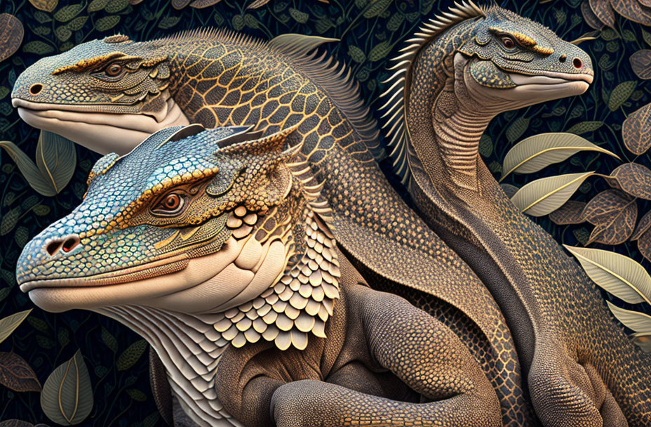 Hyper-realistic digital artwork: anthropomorphic iguanas with textured scales