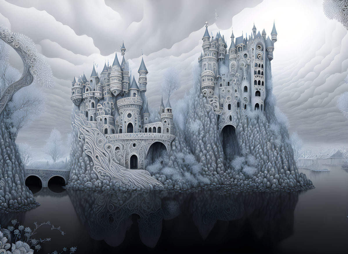 Monochromatic fairytale castle illustration with ornate towers and cloudy sky