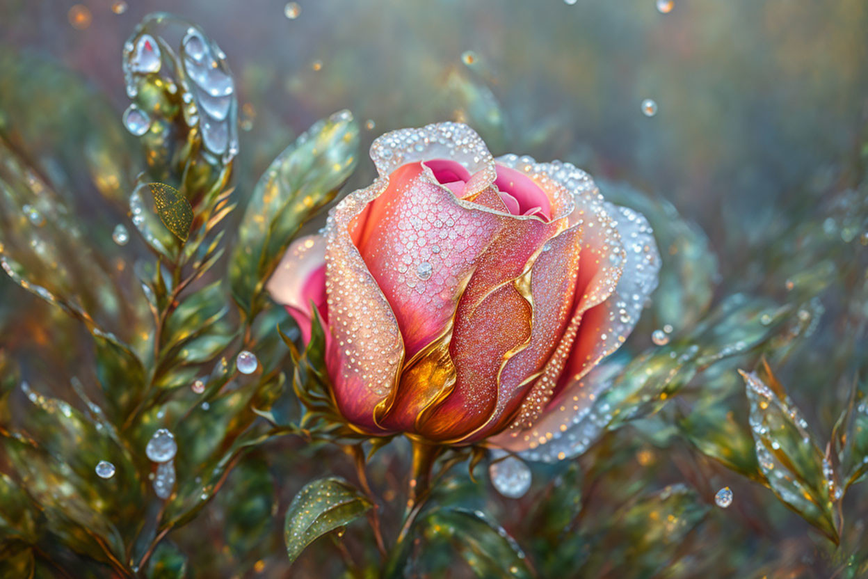 Pink rose with dew drops on green foliage and bokeh background.