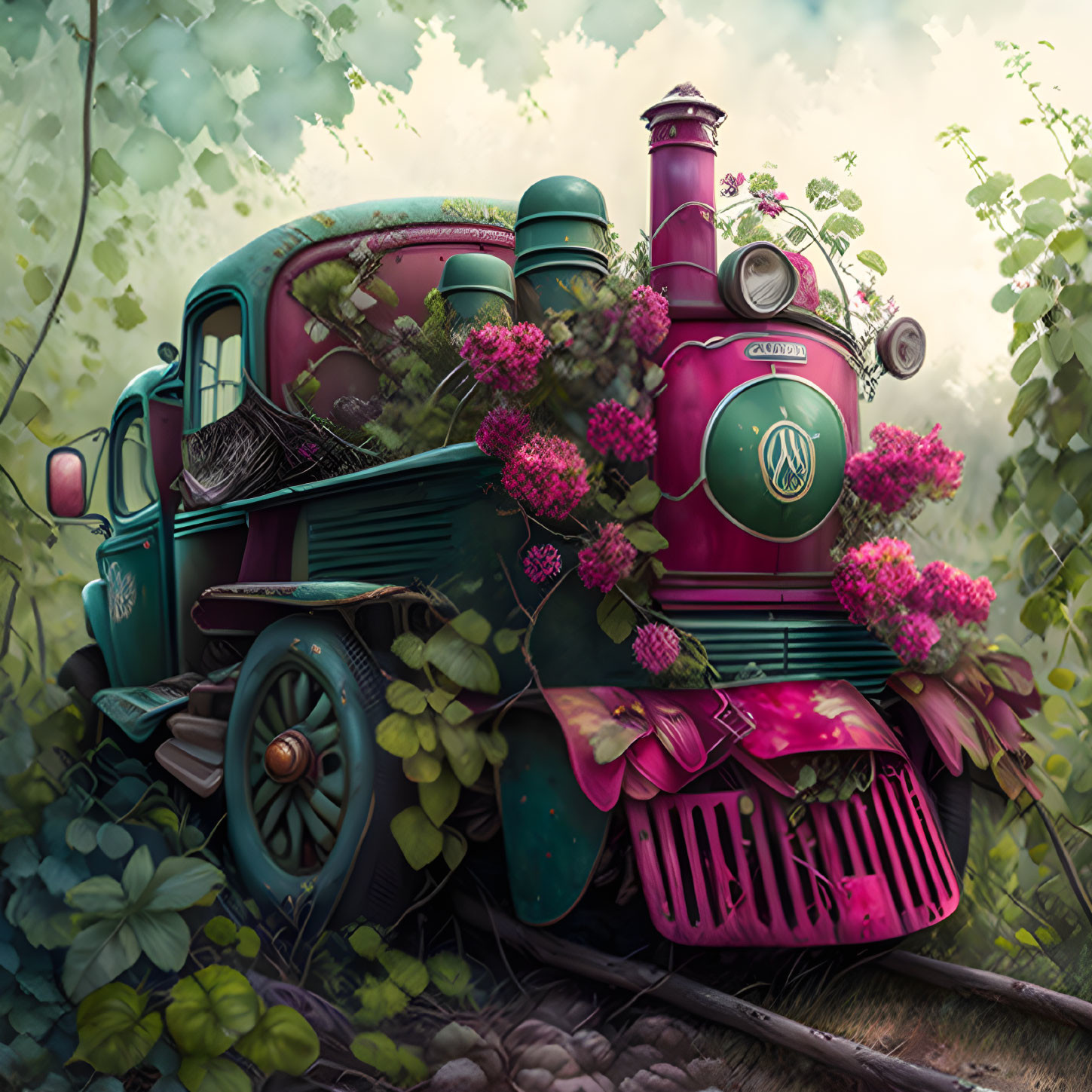 Whimsical vintage green train with pink flowers in dreamy forest