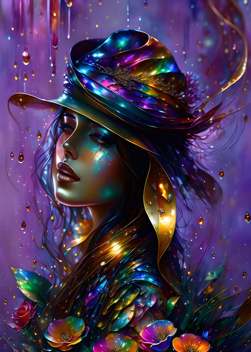 Multicolored woman with galaxy hat and iridescent surroundings