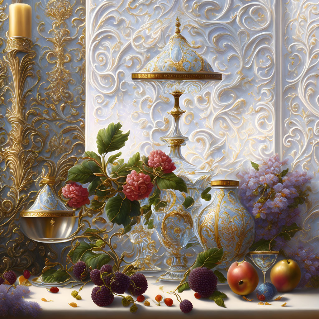 Opulent still life with gold-trimmed decor, vibrant flowers, and ripe fruits on draped table