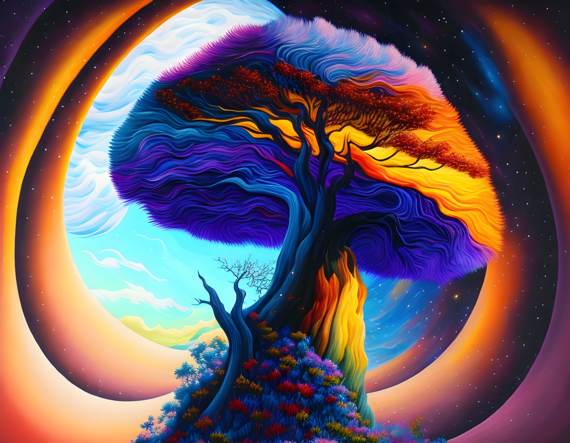 Colorful surreal tree in cosmic landscape