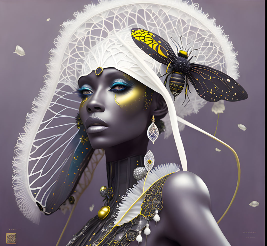 Dark Blue-Skinned Woman in White Headdress with Yellow Butterfly