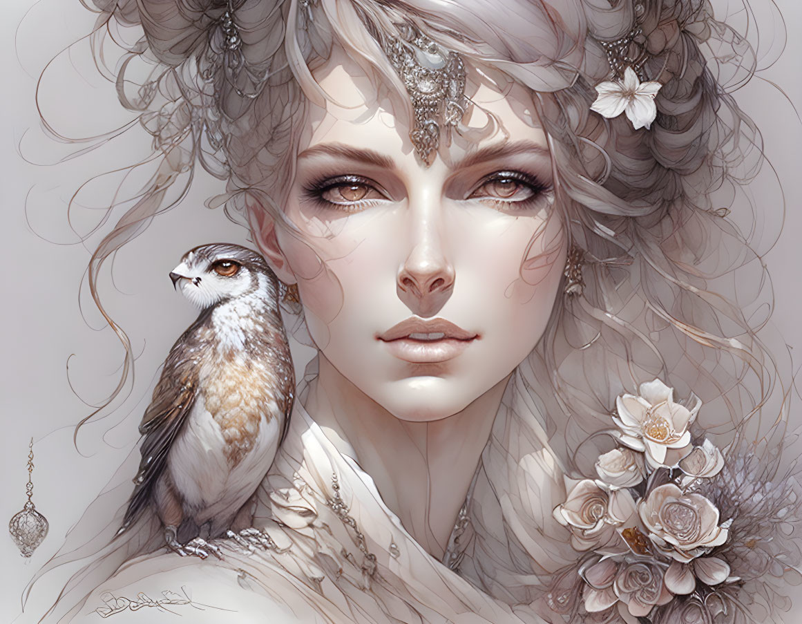 Illustrated ethereal woman with jewelry, flowers, and bird.