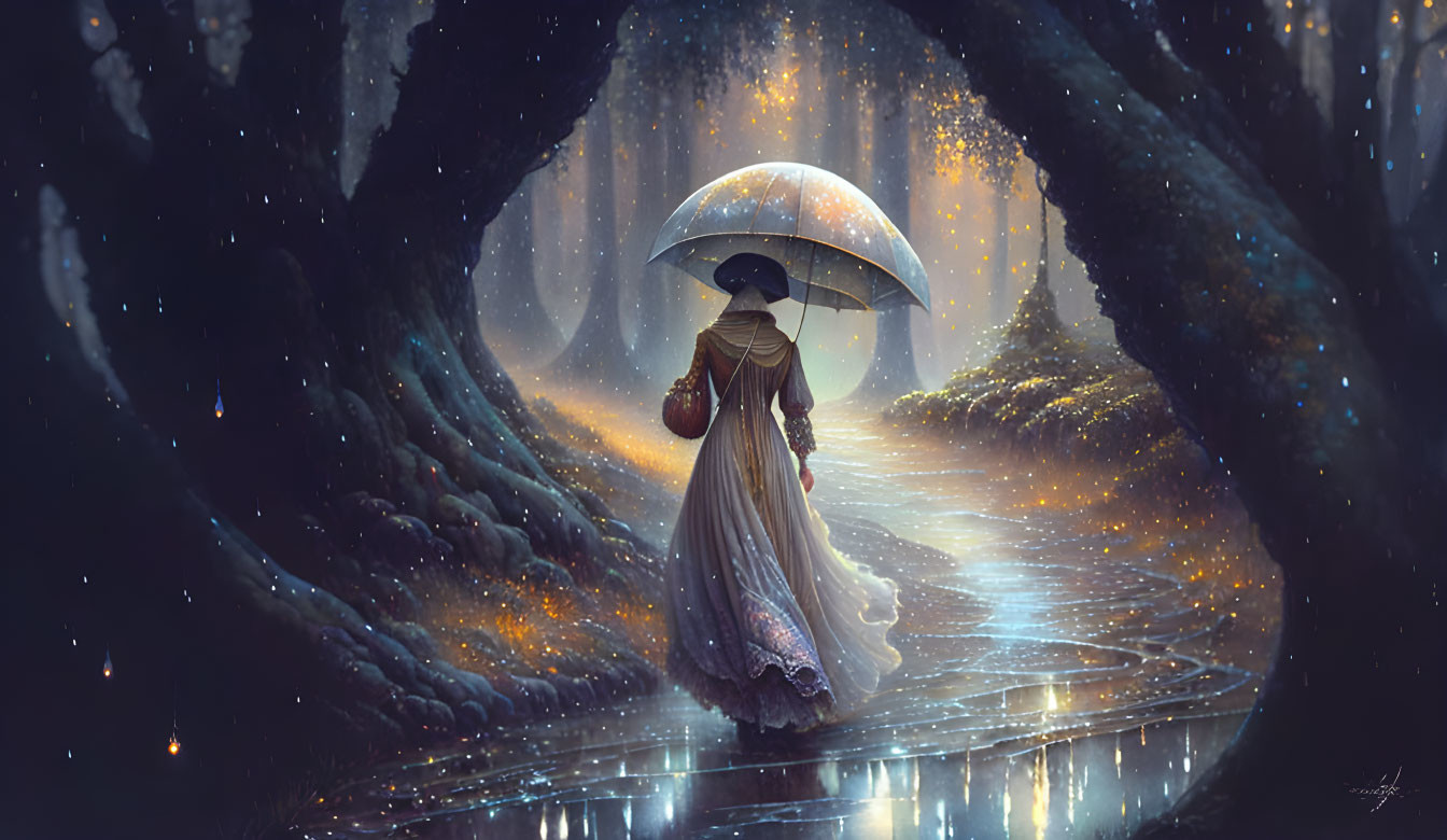 Person in dress and hat walks under umbrella in luminous, rainy forest path