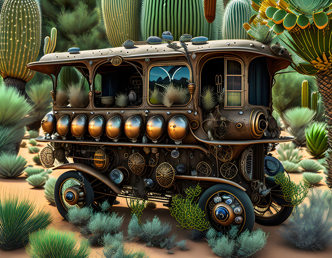 Steampunk-style carriage with cacti in desert landscape