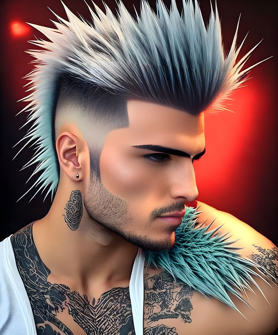 Stylized male figure with spiky mohawk, tattoos, and earring on red