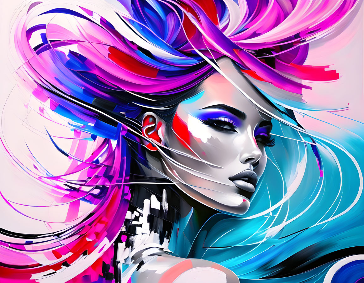 Colorful Digital Artwork: Woman with Flowing Hair and Striking Makeup