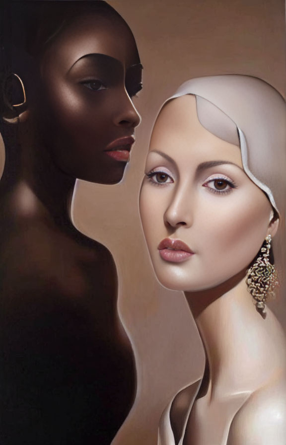 Contrasting skin tone women with prominent earrings face each other