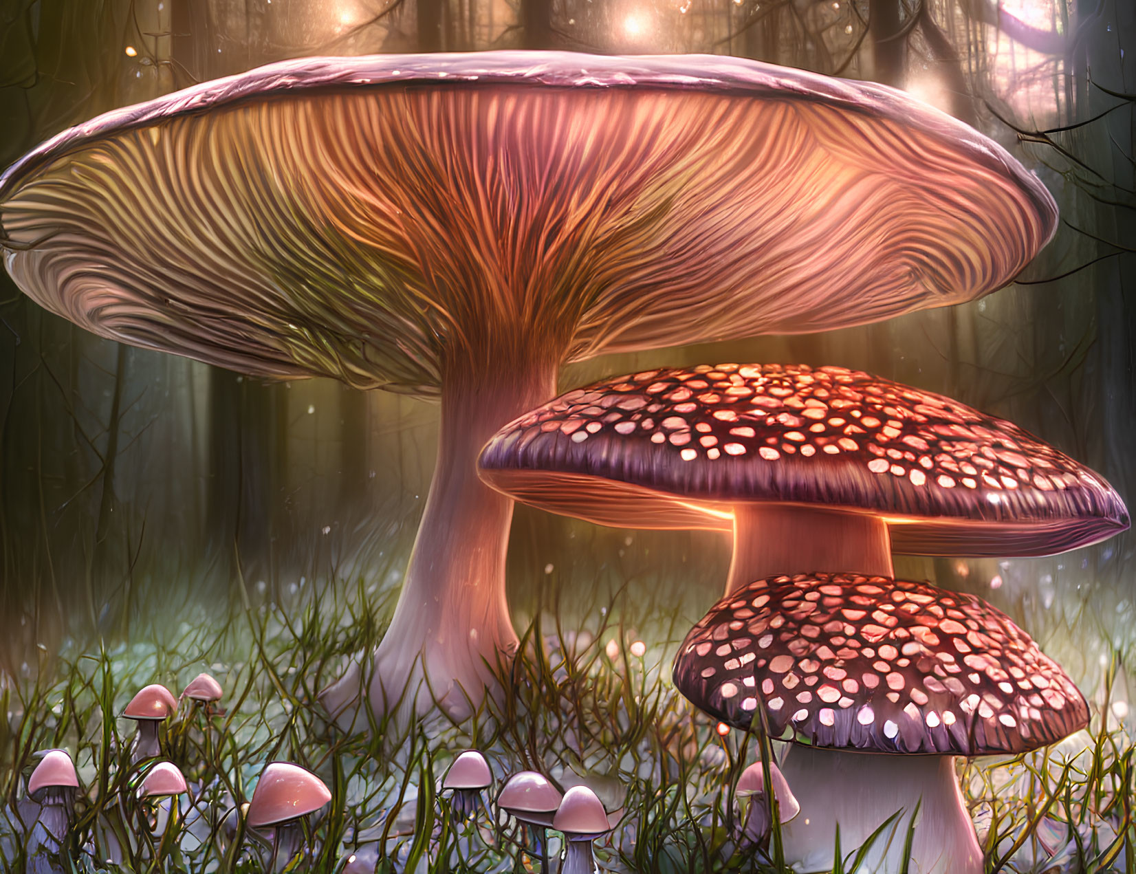 Vibrant mushrooms in enchanted forest with ethereal light.