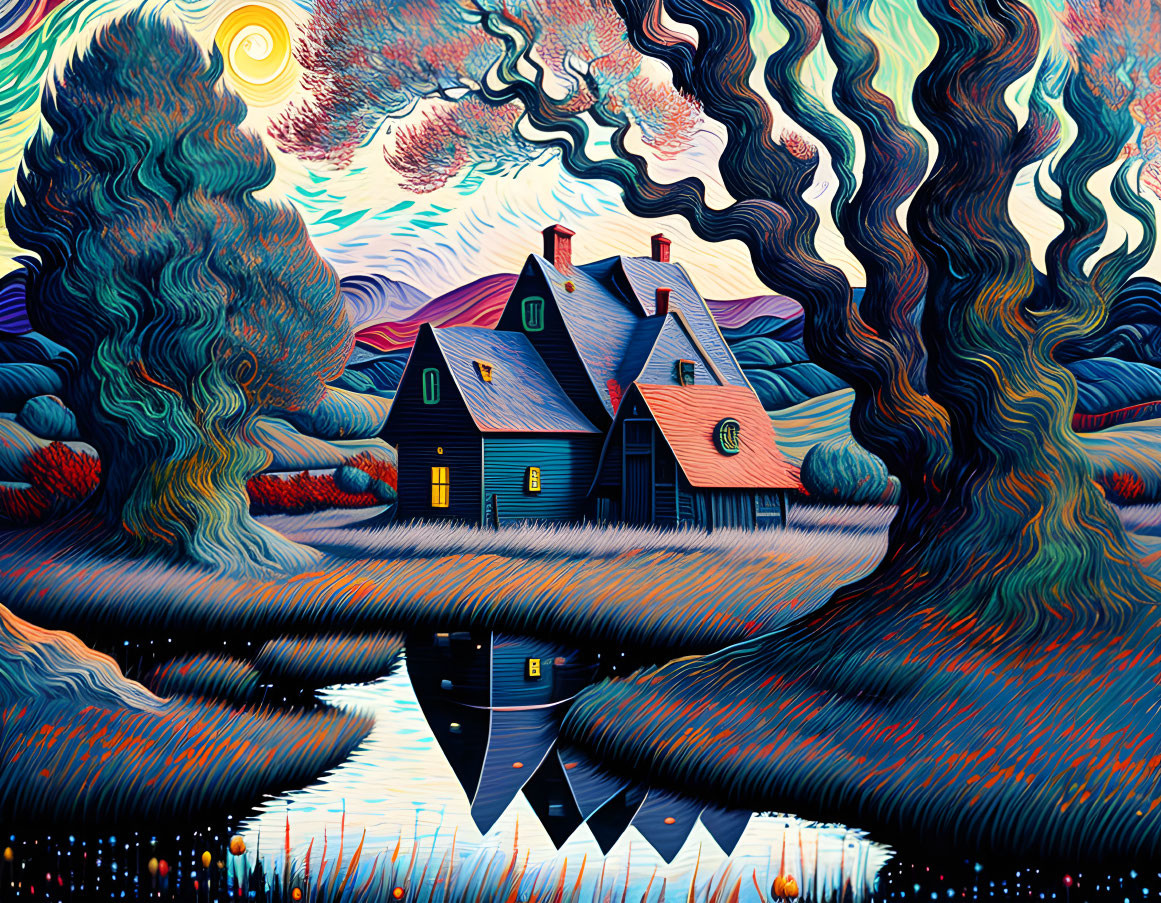 Colorful Stylized Landscape with Whimsical Houses and Reflective Lake