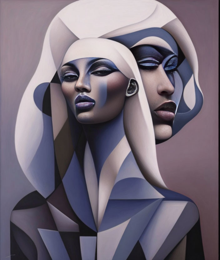 Abstract stylized painting of two figures with exaggerated features and geometric shapes in purples and neutrals