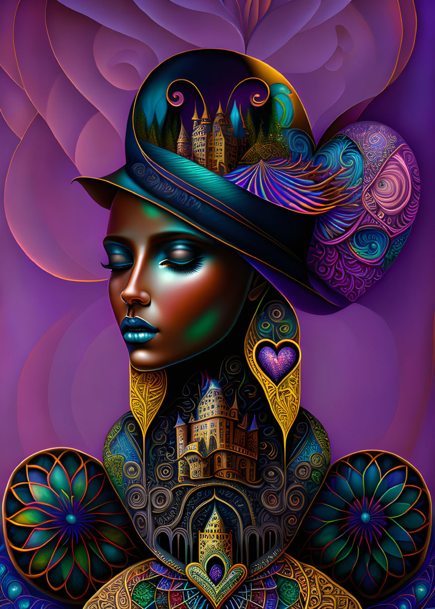 Colorful digital artwork: Stylized person with hat, castle, ornate patterns, floral backdrop