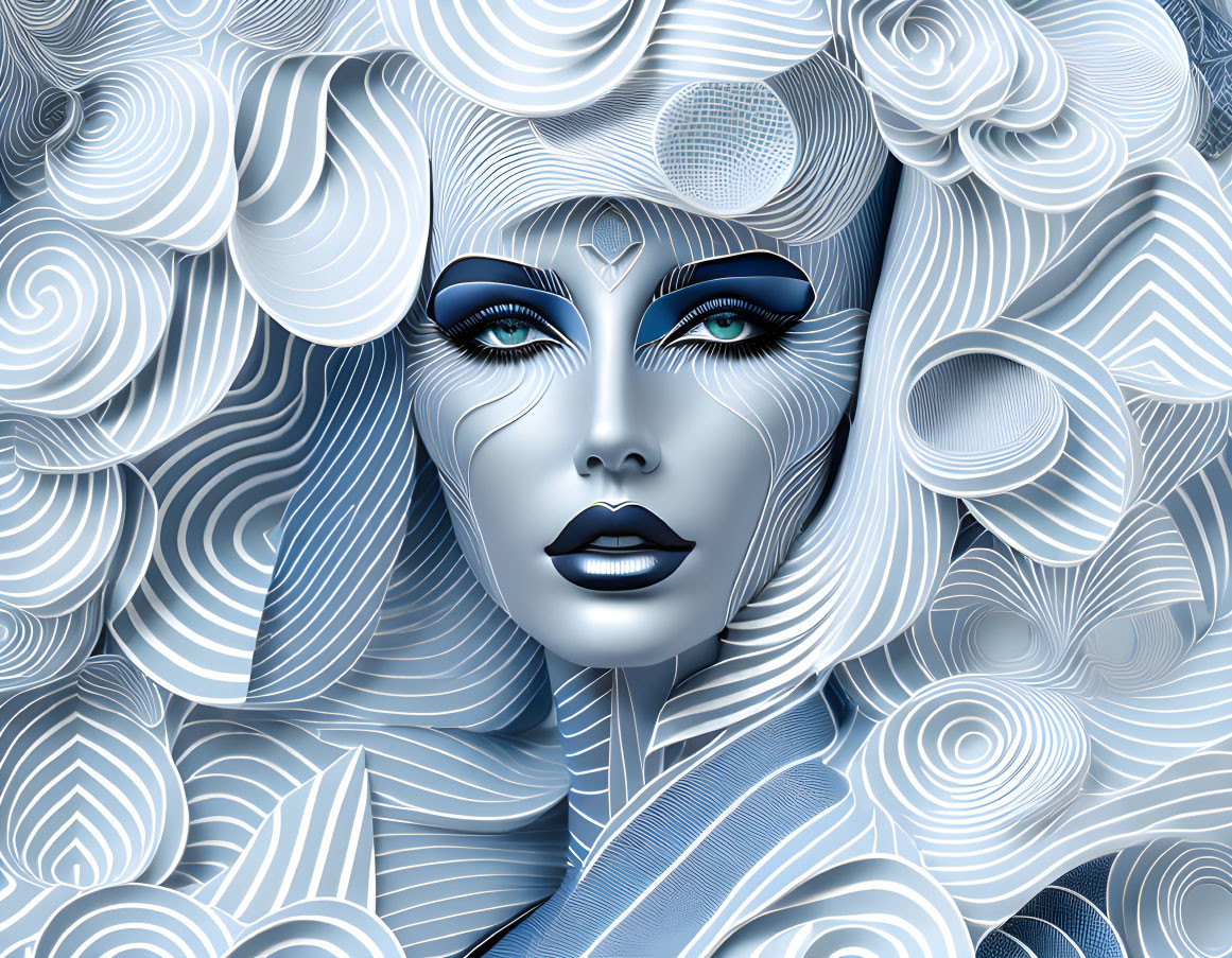 3D illustration: Female face with silver skin and intricate white patterns