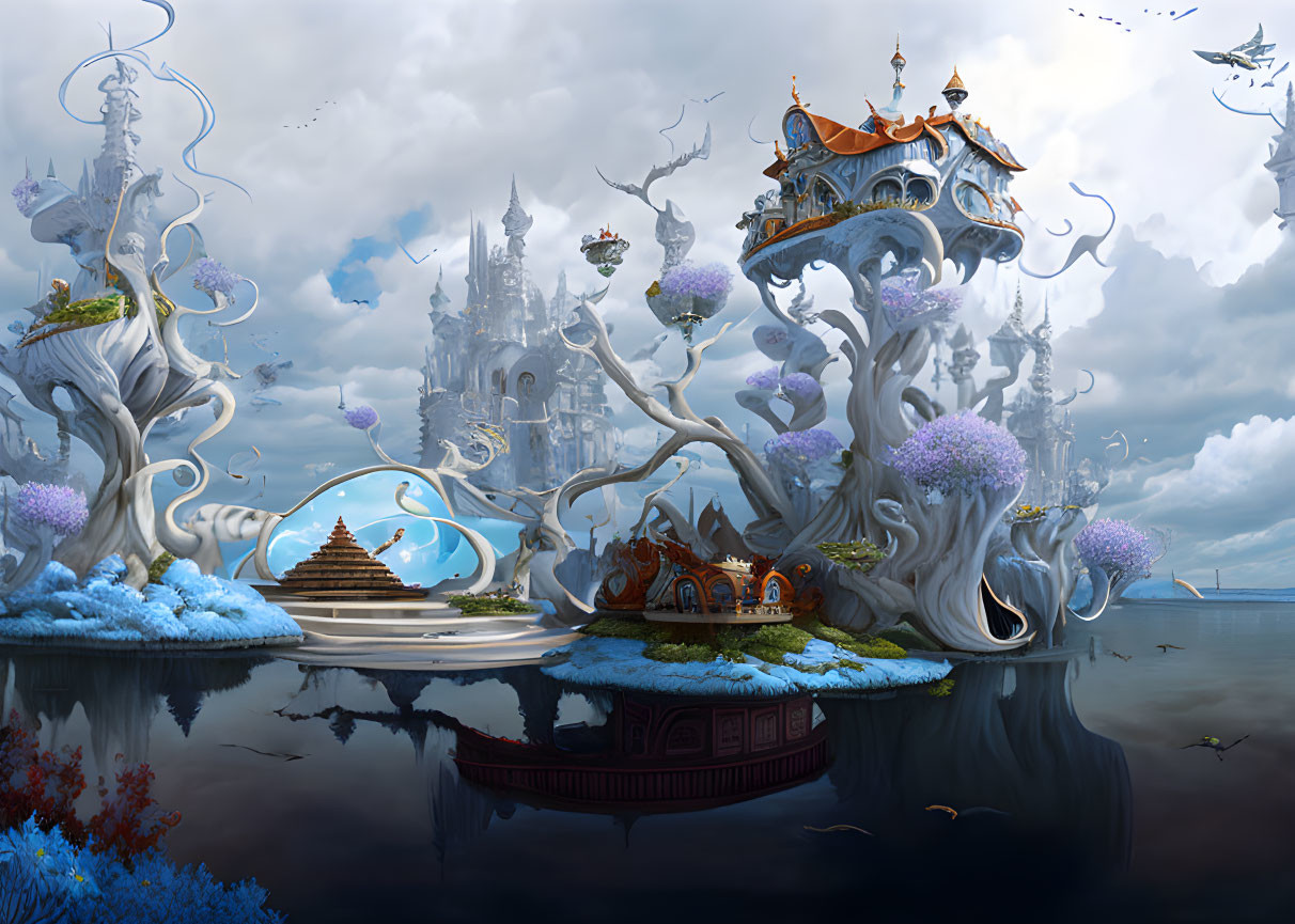 Ethereal white trees, grand palaces, floating islands, serene lake in fantastical landscape