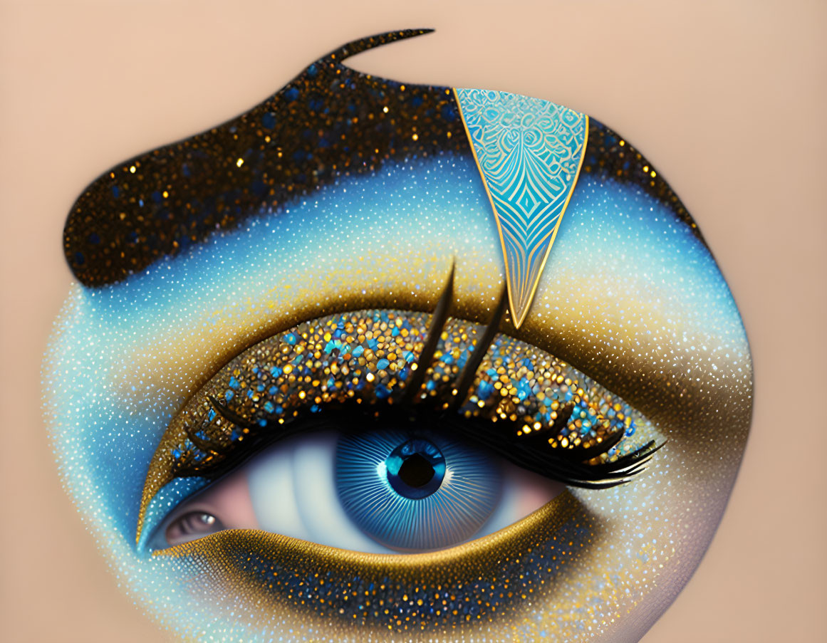 Eye with Glittery Eyelid and Stylized Patterns on Warm Background