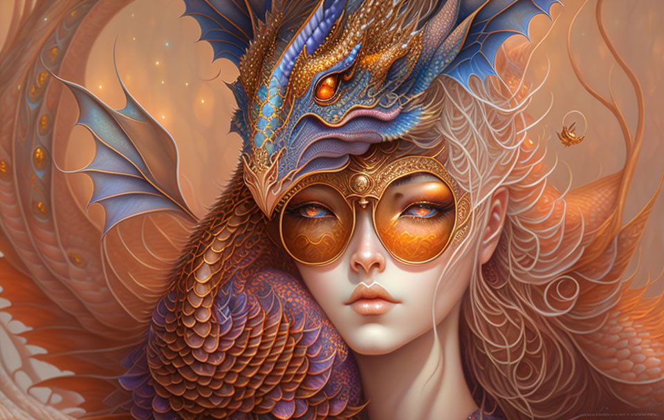 Fantastical woman with feathered wings and masquerade mask in warm autumn colors.