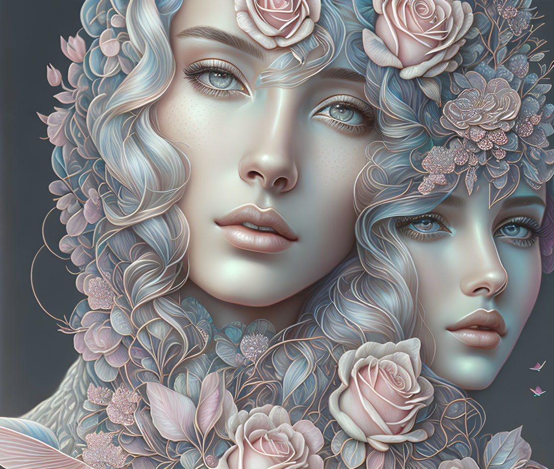 Two female faces with floral adornments and blue eyes on gray background