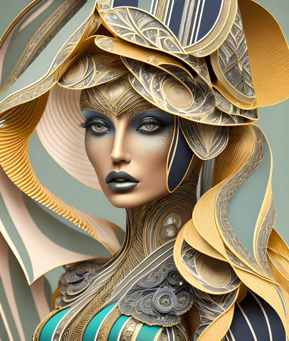 Intricate digital artwork of a woman with golden headgear and ribbon-like hair.