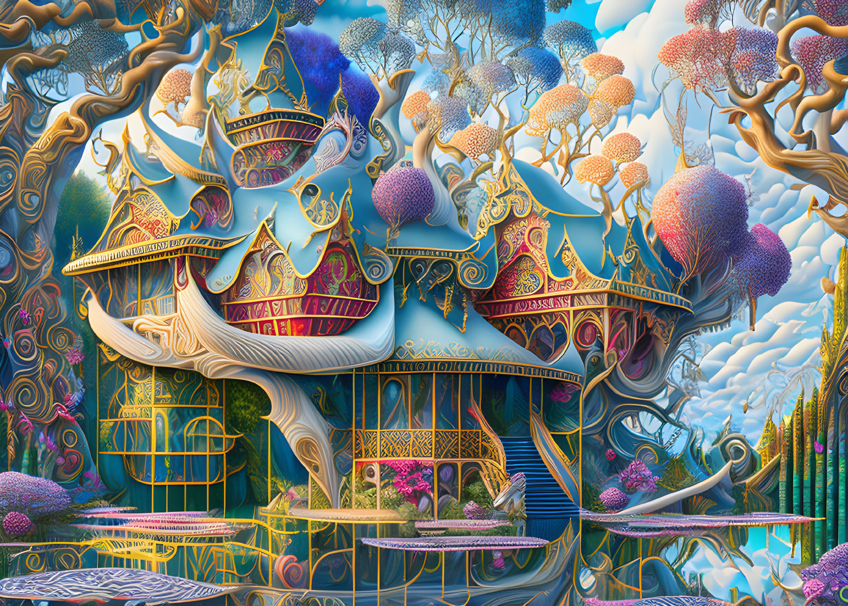 Fantastical landscape with ornate structures and colorful tree-like forms