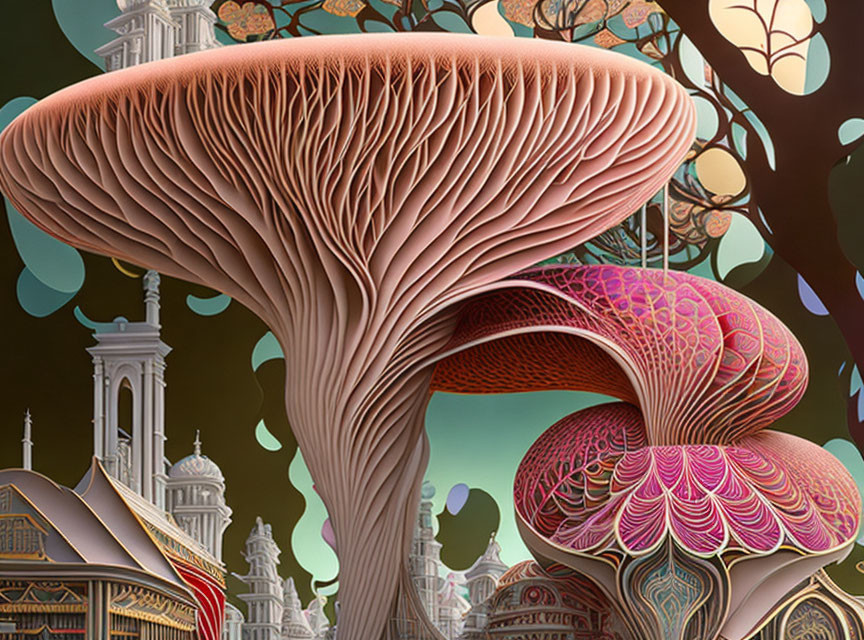 Surreal illustration: Oversized mushrooms & Baroque buildings in dark, leafy setting