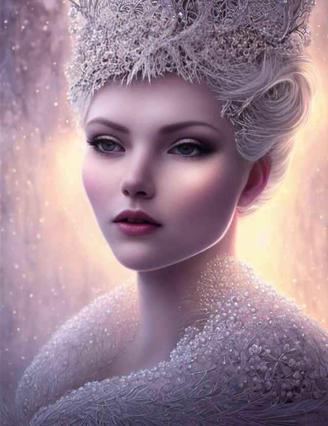 Portrait of Woman with Pale Skin and Striking Green Eyes in White Frost-Like Attire