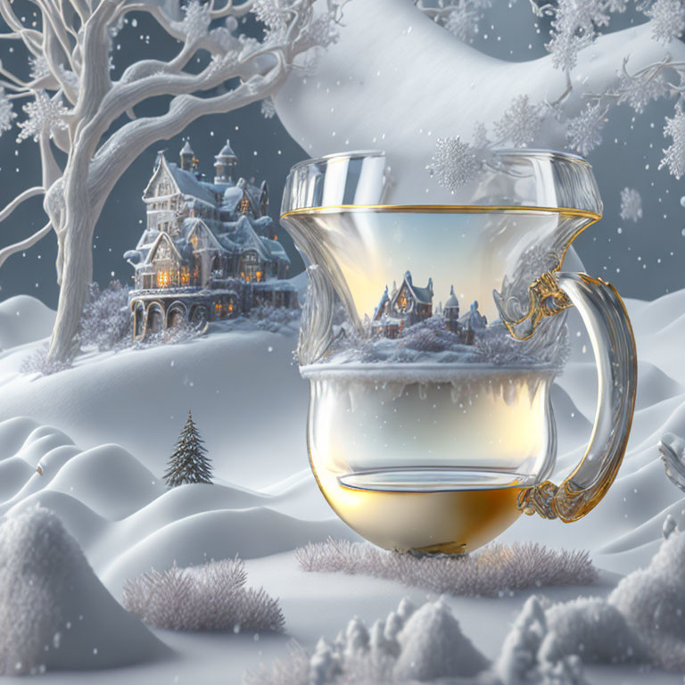 Glass teapot with winter village scene encapsulated inside