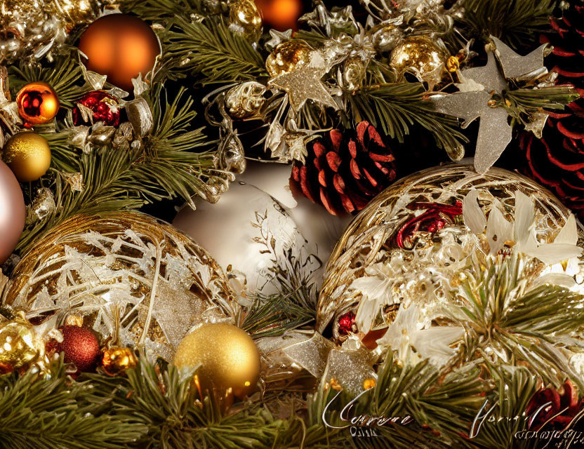 Detailed Close-Up of Golden Baubles, Pine Cones, and Stars on Green Pine Branches