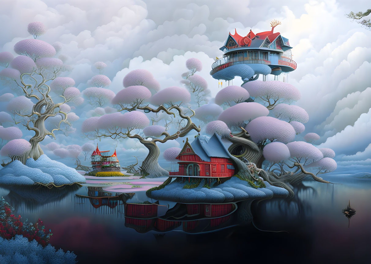 Surreal landscape with fluffy pink trees and red-roofed houses