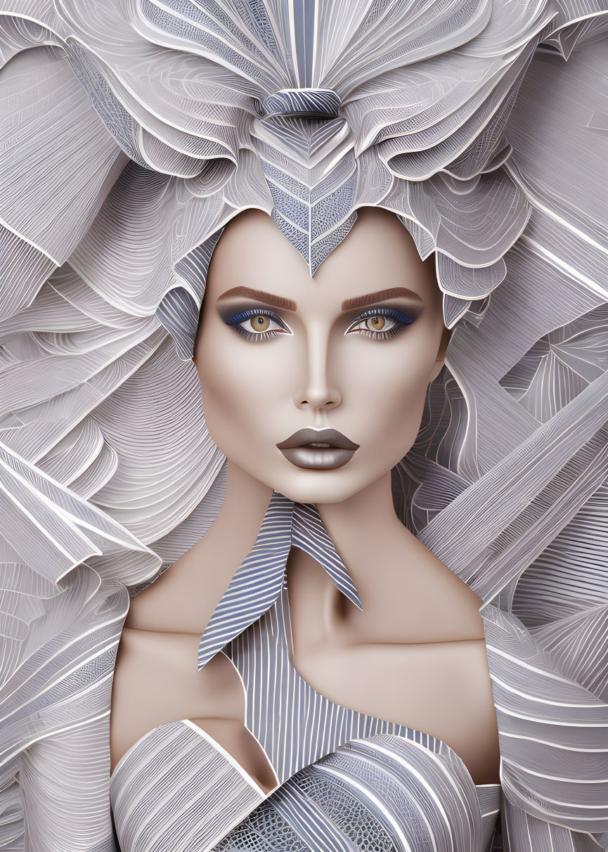 Ethereal woman portrait with white and blue feather headdress