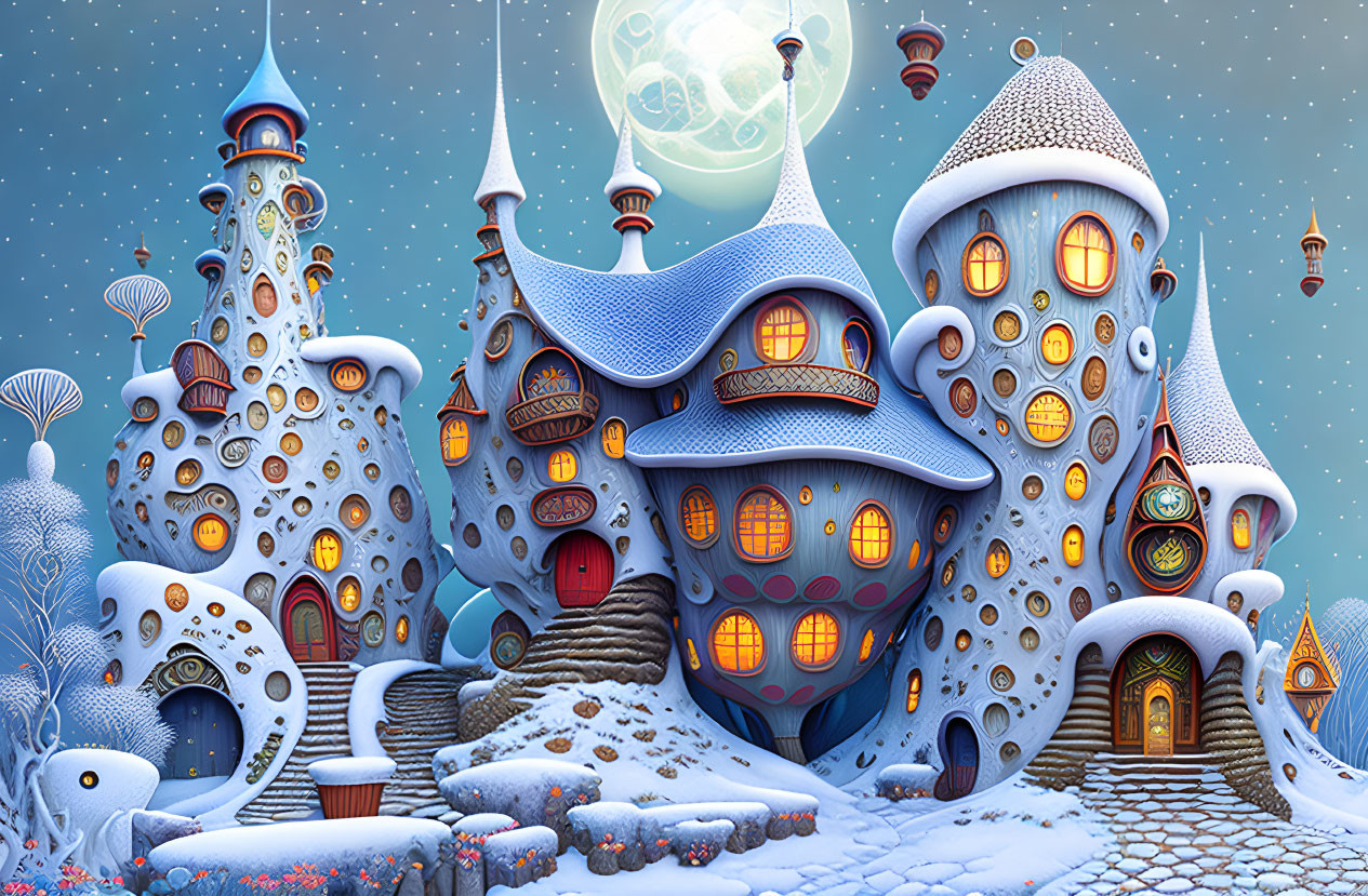 Fantastical snowy village with mushroom-shaped houses under a starry sky