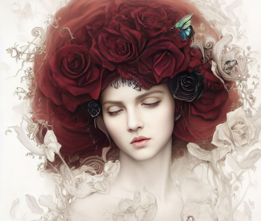 Woman with closed eyes wearing red and white rose headdress and butterfly.