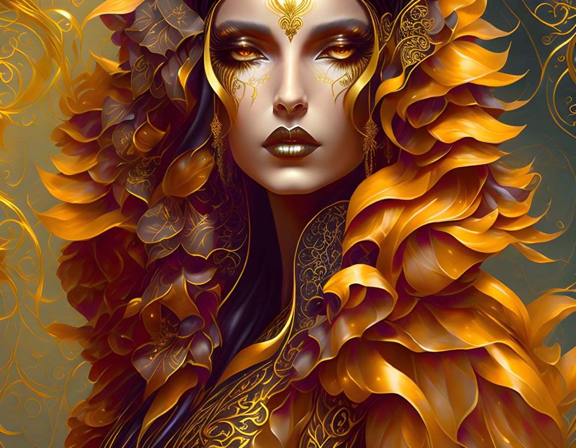 Portrait of woman with gold patterns and flowing hair in mystical setting