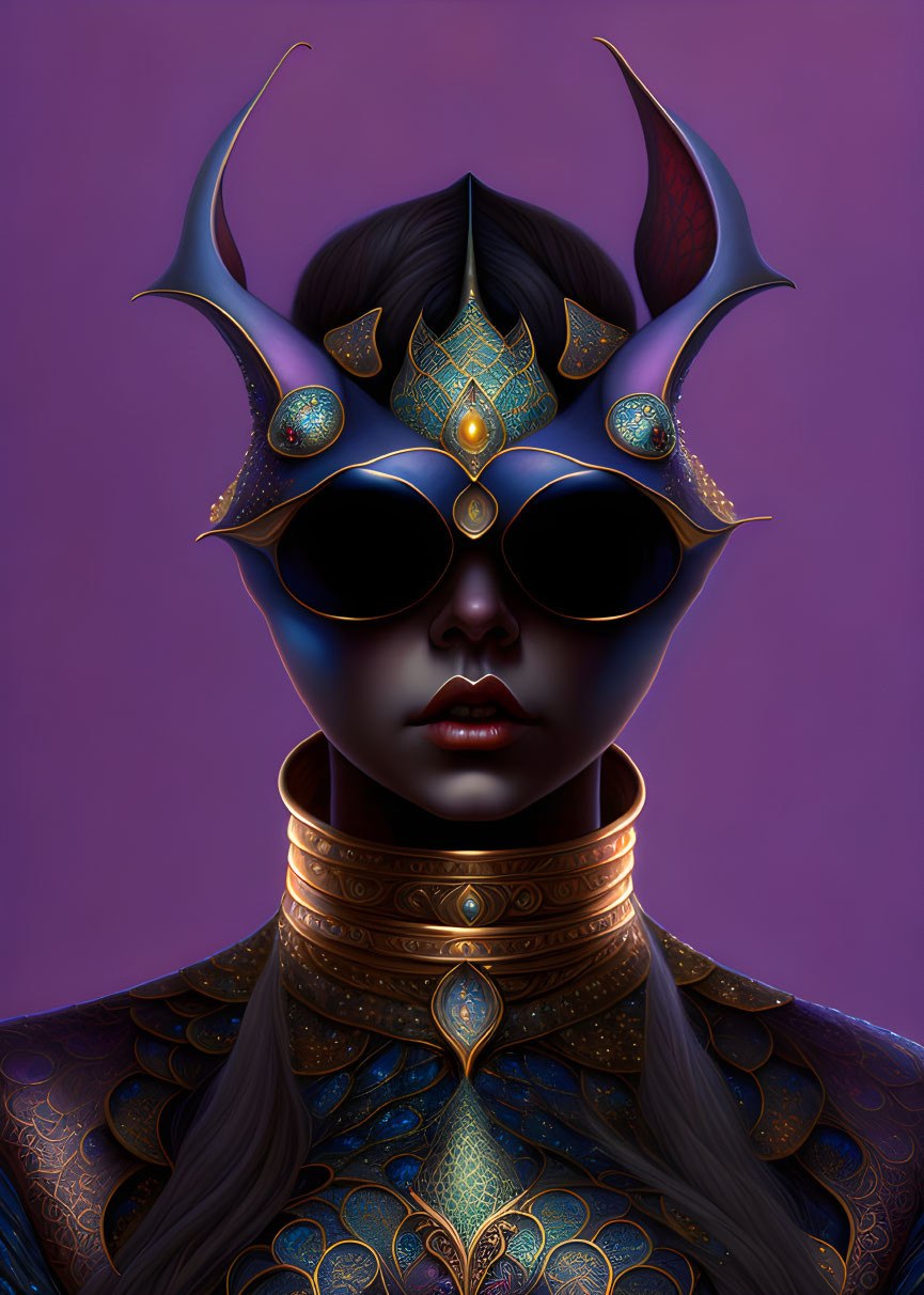 Stylized portrait of a woman with dark hair in ornate blue and gold headdress