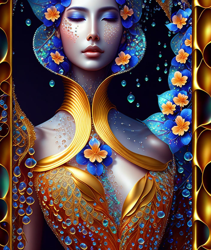 Fantasy digital art: Serene woman with blue skin and golden adornments