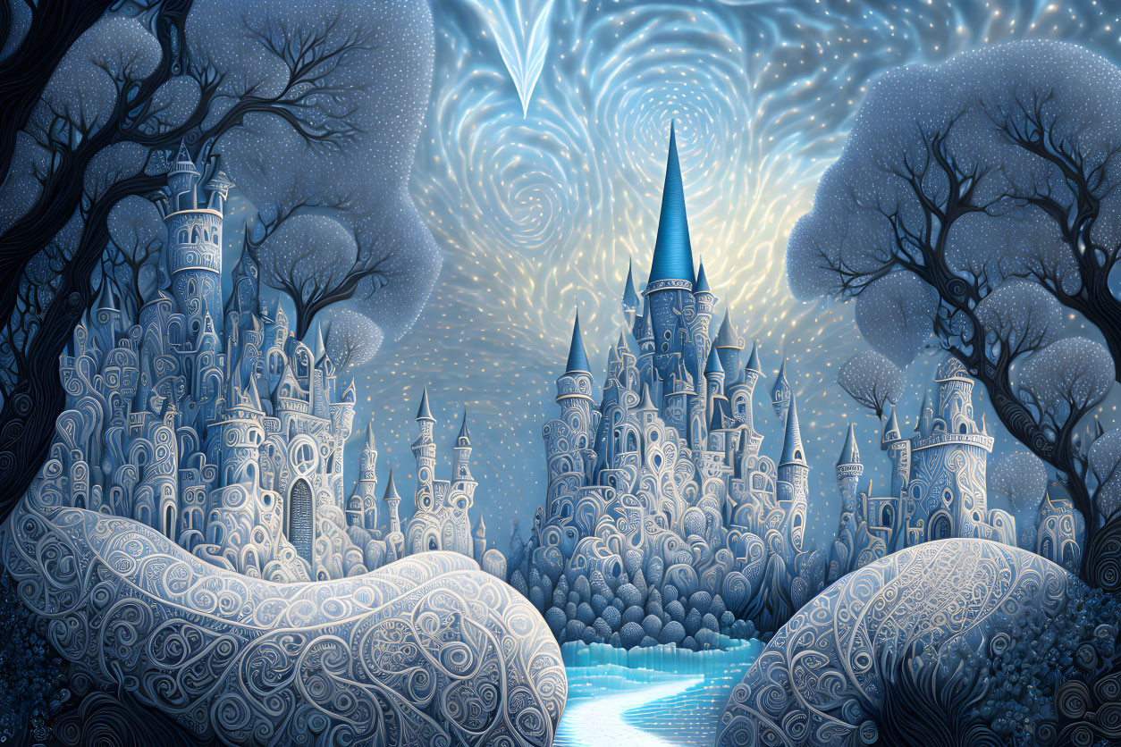 Whimsical blue castle in enchanted forest with starry sky and serene river