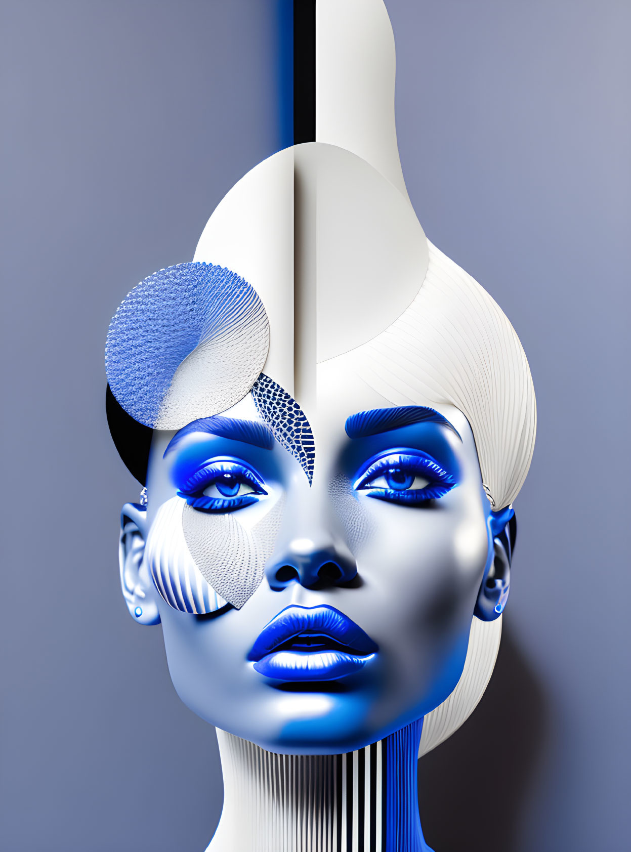 Symmetrical surreal portrait of woman with split metallic blue skin and futuristic makeup