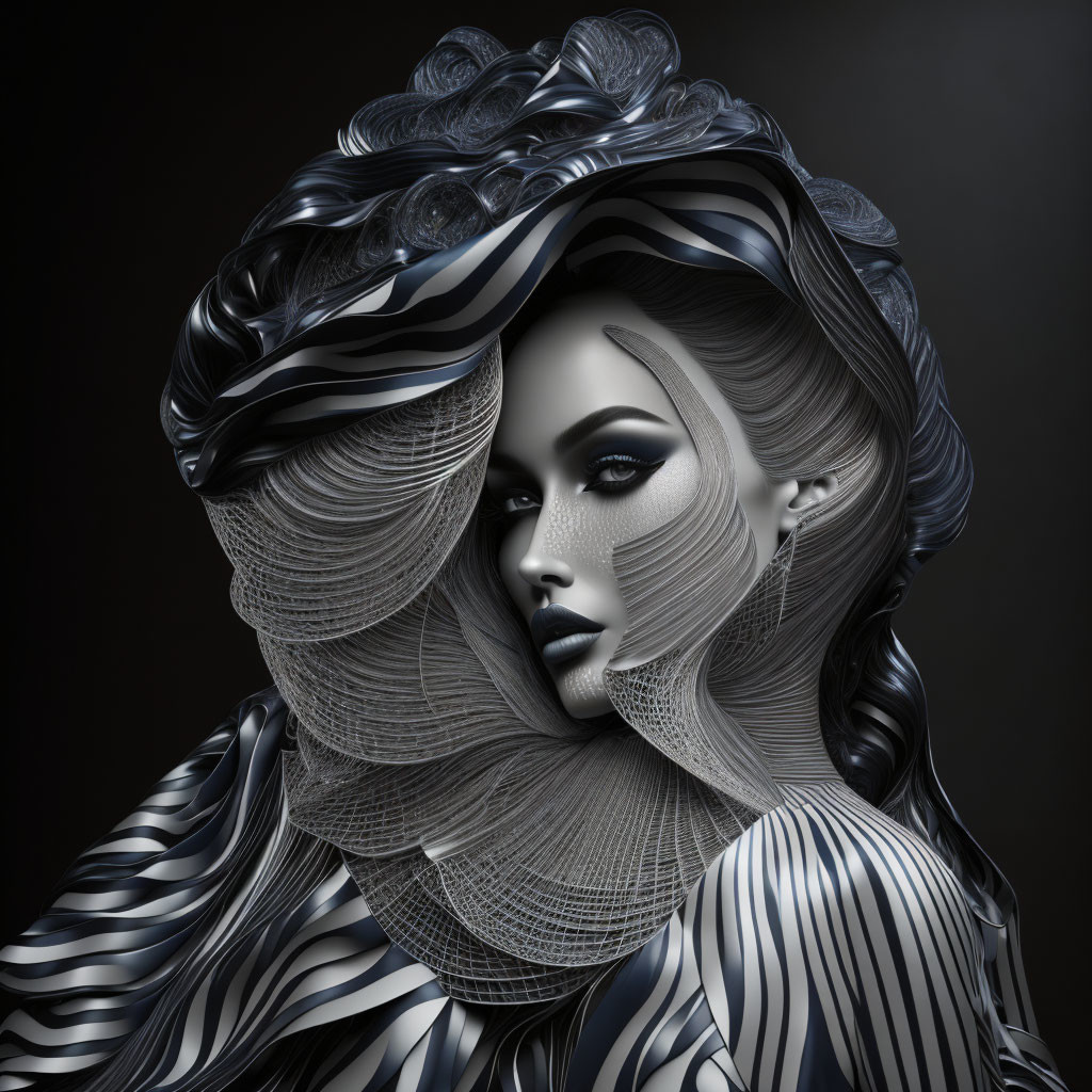 Monochrome 3D render of woman with striped hair and textured clothing