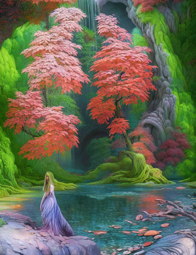 Vibrant fantasy forest with pink trees, serene pond, waterfalls, and woman in blue dress