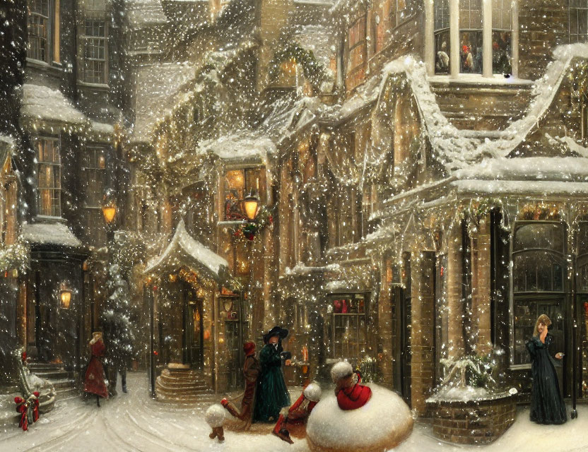 Snowy Victorian Street Scene with Period Attire and Shop Windows