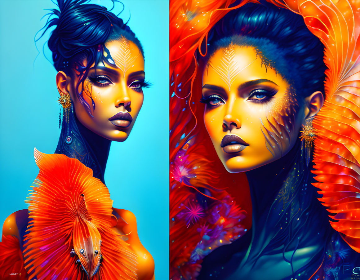 Vibrant digital artwork: Stylized female portraits with fish and aquatic elements