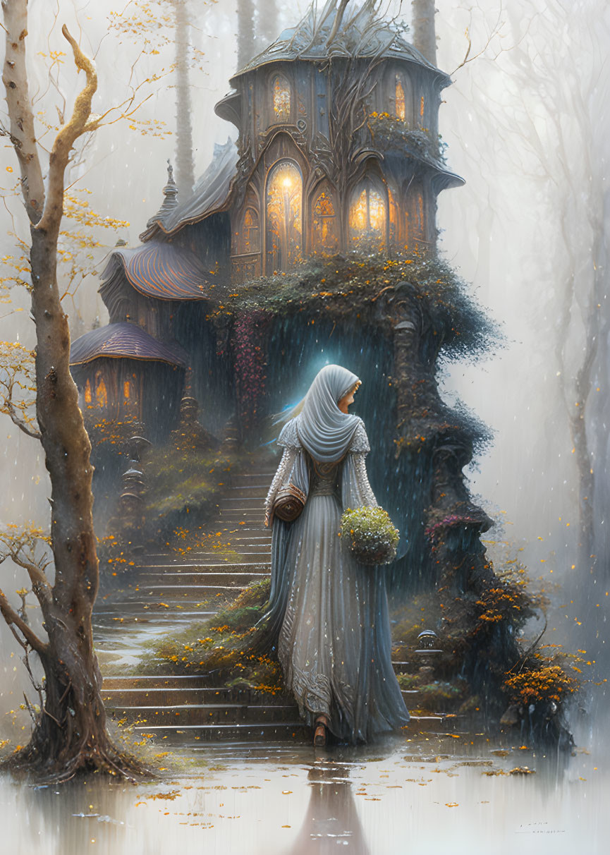 Cloaked figure with basket climbs foggy steps to autumnal forest treehouse