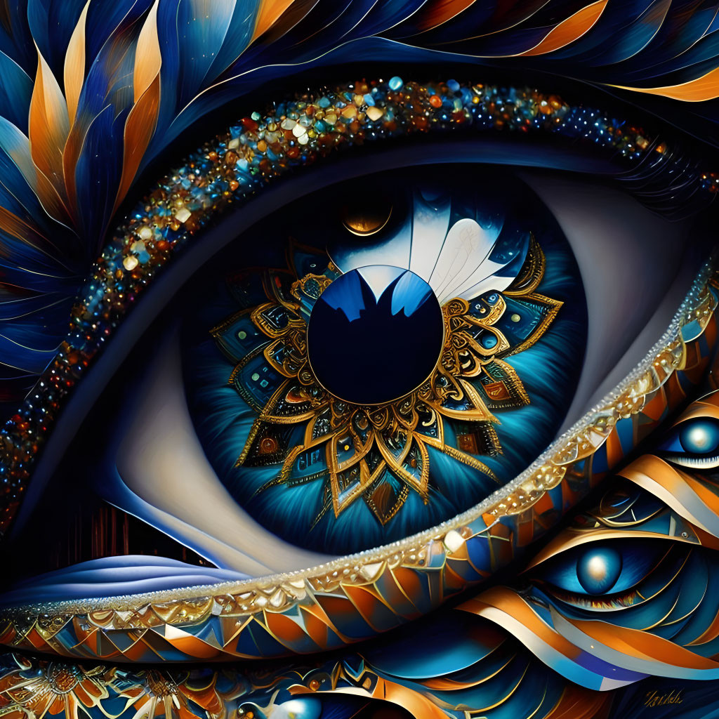 Detailed blue and gold feather patterns in an eye artwork