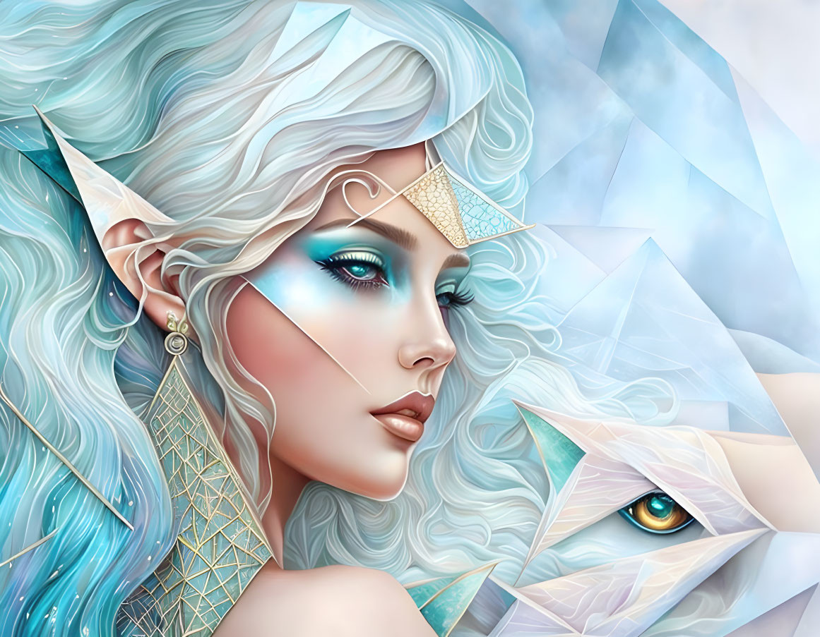 Fantastical illustration of woman with pale blue hair and elfin ears next to stylized blue and