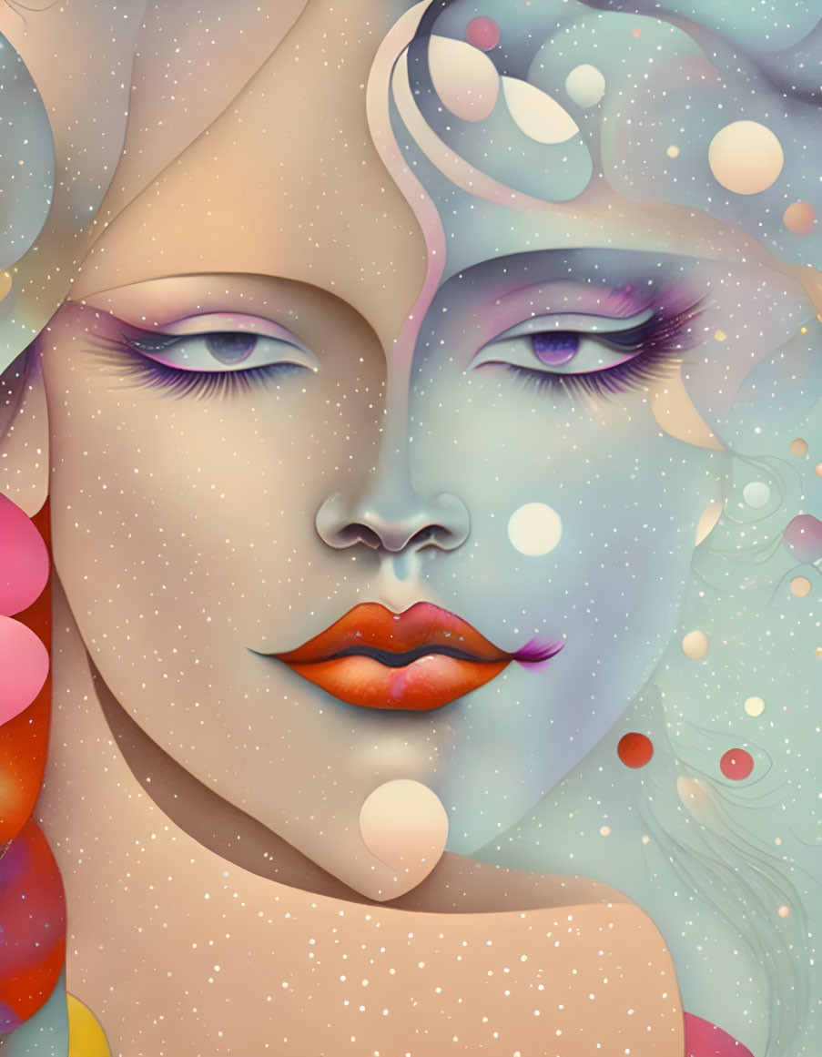 Exaggerated features surreal portrait with multicolored skin