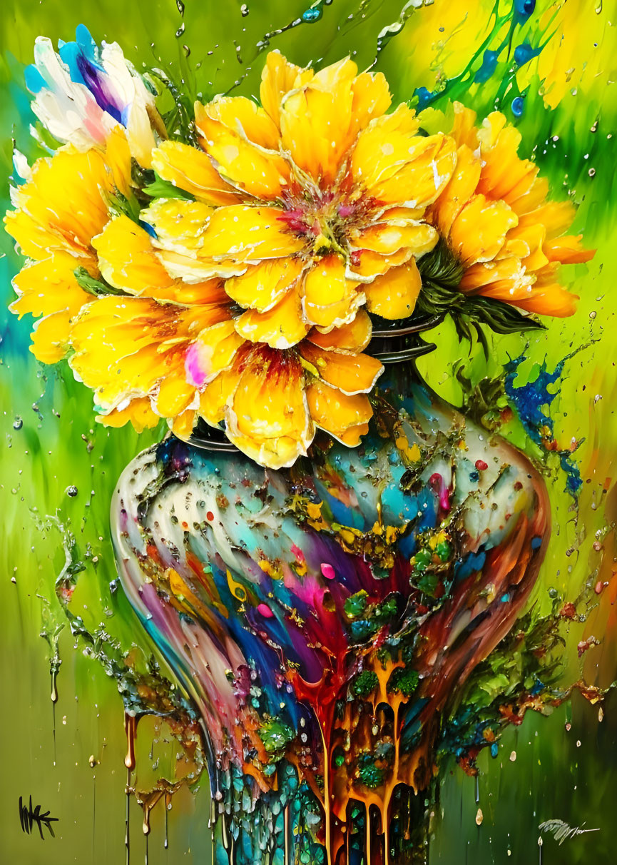 Colorful Painting of Yellow Flowers in Melting Vase on Green Background